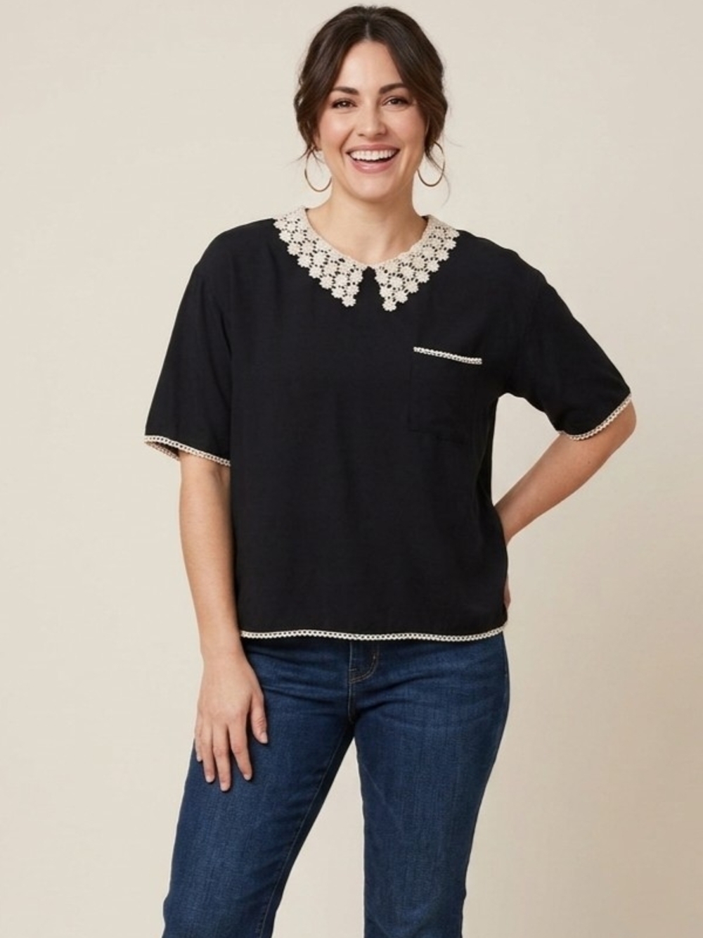 Black Short-Sleeve Top with Cream Crochet Collar by